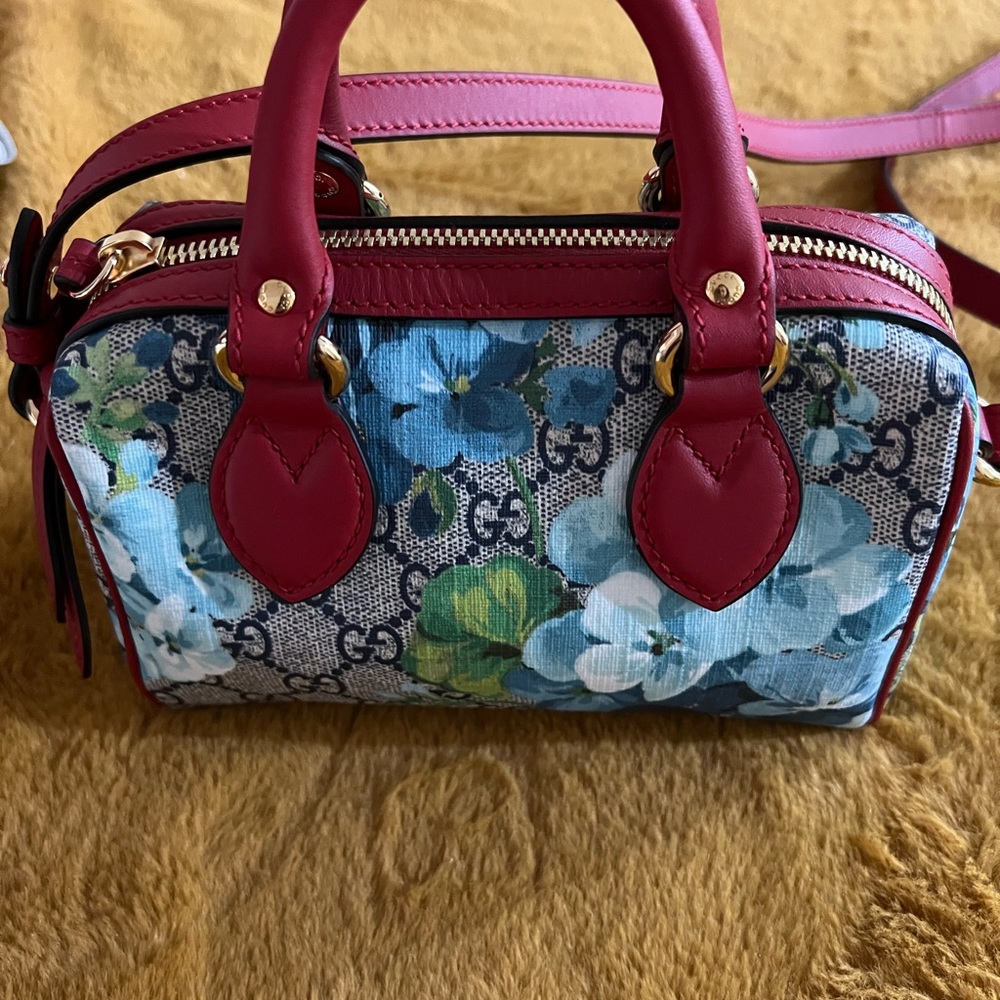 Mini GG Supreme Blue Floral Print with Red leather trim. - Picture 2 of 16